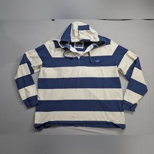 LL Bean Rugby Hoodie Mens XXL White Navy Stripe Cotton